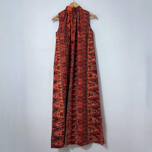 Vintage Waltah Clarke Hawaiian Shops Dress Small Orange Barkcloth Floral 60s 70s